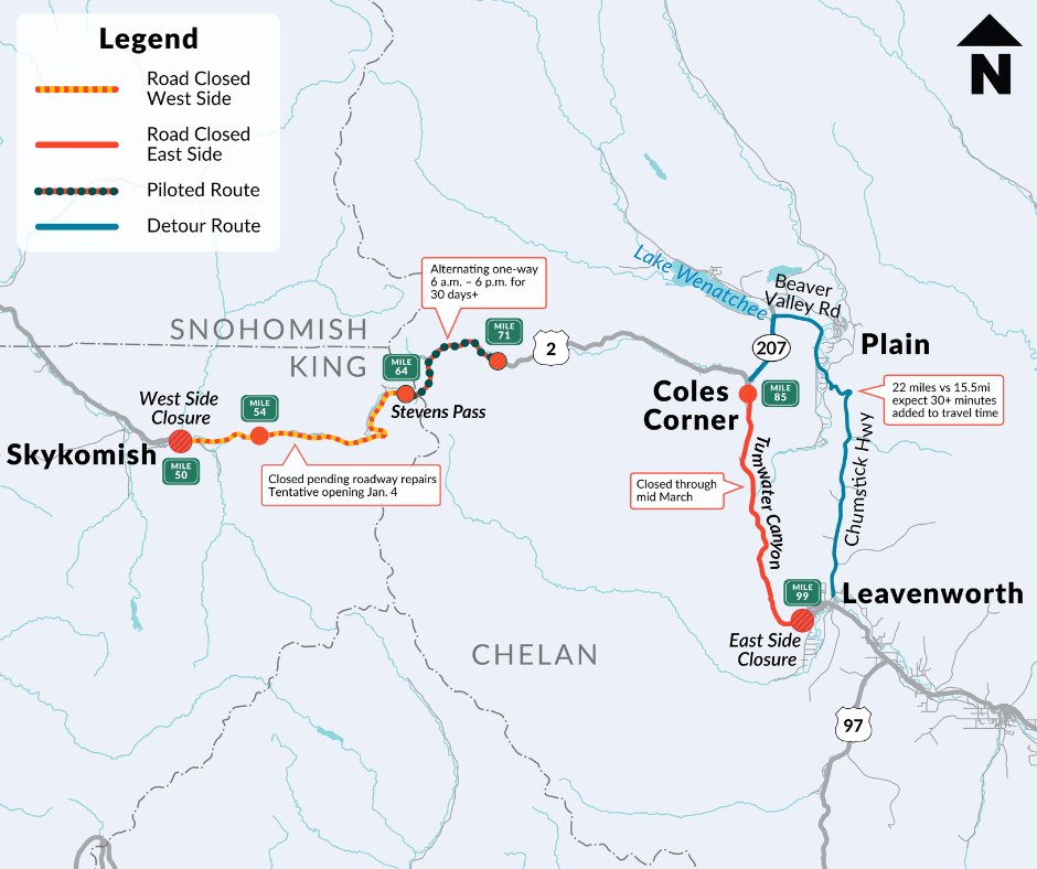 US 2 near Stevens Pass reopening with pilot car operations in January