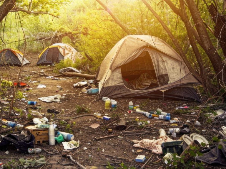 empty tent surrounded by trash