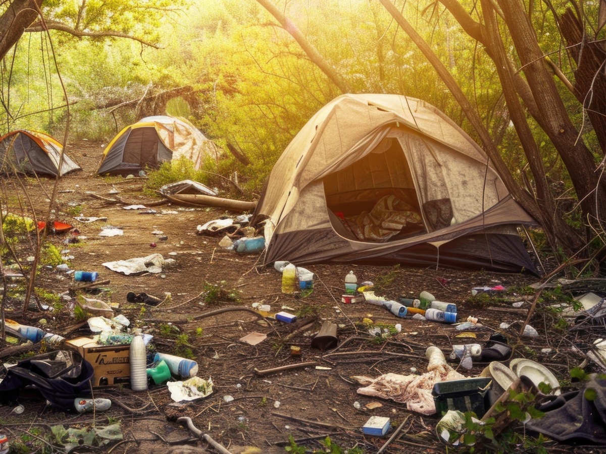 empty tent surrounded by trash
