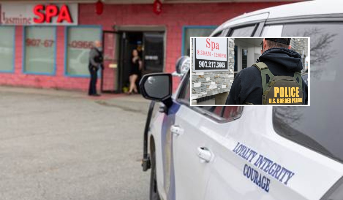 An Alaska State Trooper patrol vehicle is parked outside Jasmine Spa during a search