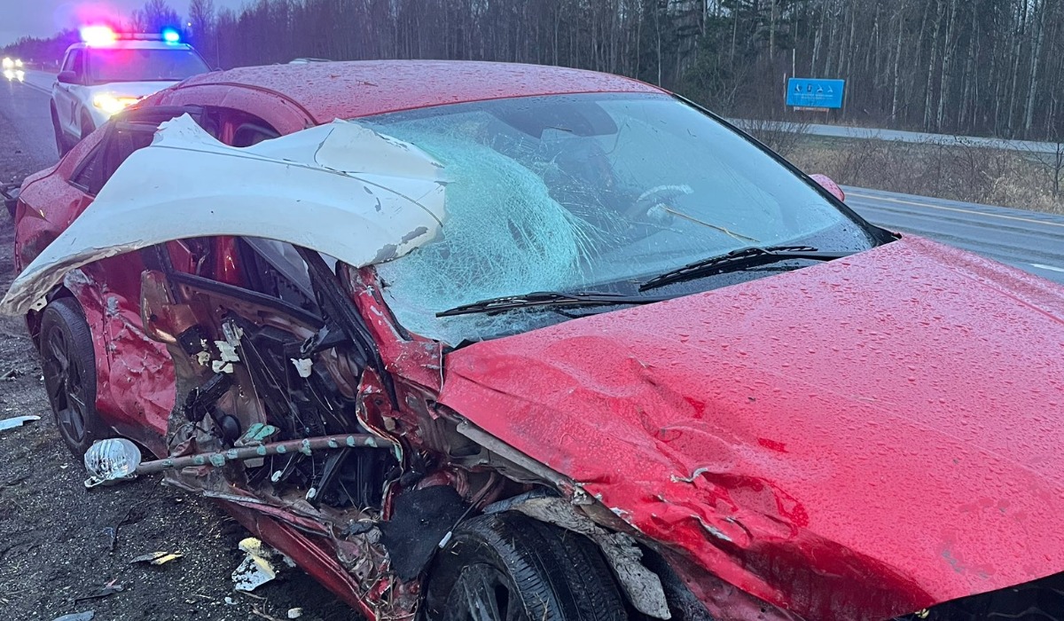 A wrong-way crash on Interstate 5 near Birch Bay in March 2026 left a red passenger car heavily damaged after Washington State Patrol said a driver traveled the wrong direction near milepost 270 in Whatcom County.
