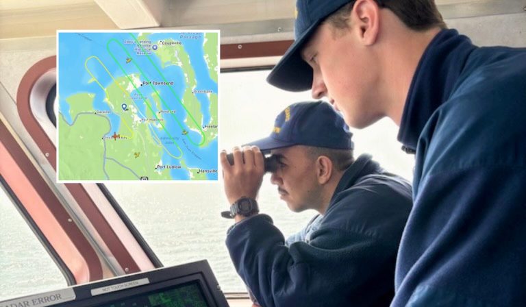 U.S. Coast Guard and Royal Canadian Air Force crews are searching for a person who fell from a 12-foot vessel near Point Wilson at the entrance to Admiralty Inlet.