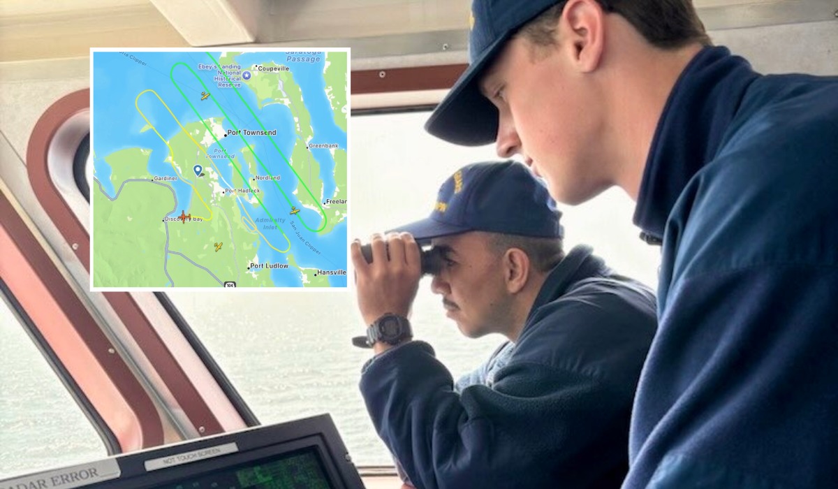 U.S. Coast Guard and Royal Canadian Air Force crews are searching for a person who fell from a 12-foot vessel near Point Wilson at the entrance to Admiralty Inlet.