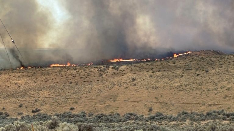 Firefighters continue battling the Garred Road Fire near Sun Lakes and Coulee City on June 23, 2026. The wildfire has grown to 3,346 acres, though evacuation levels were reduced to Level 1 Tuesday afternoon as crews made progress protecting structures and reopening highways.