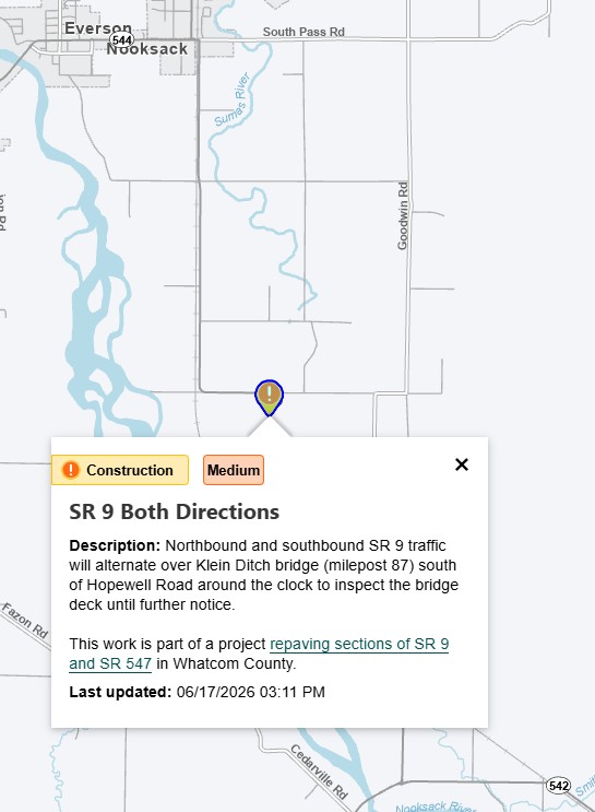 WSDOT traffic alert map showing SR 9 Klein Ditch Bridge alternating traffic restriction at milepost 87