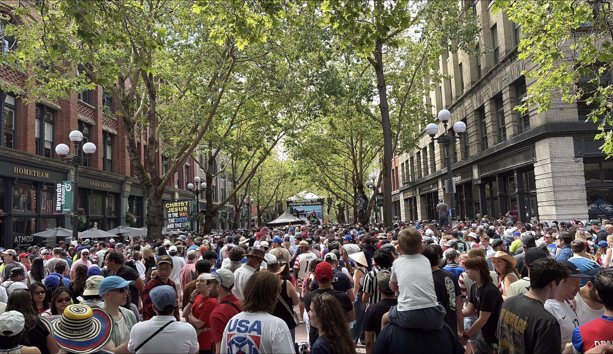 Crowds gather in Pioneer Square in Seattle during World Cup events