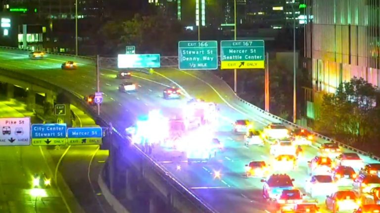 Emergency crews respond to a fatal hit-and-run collision on southbound Interstate 5 near Mercer Street in Seattle on May 31, 2026. Traffic backed up for more than three miles during the investigation.