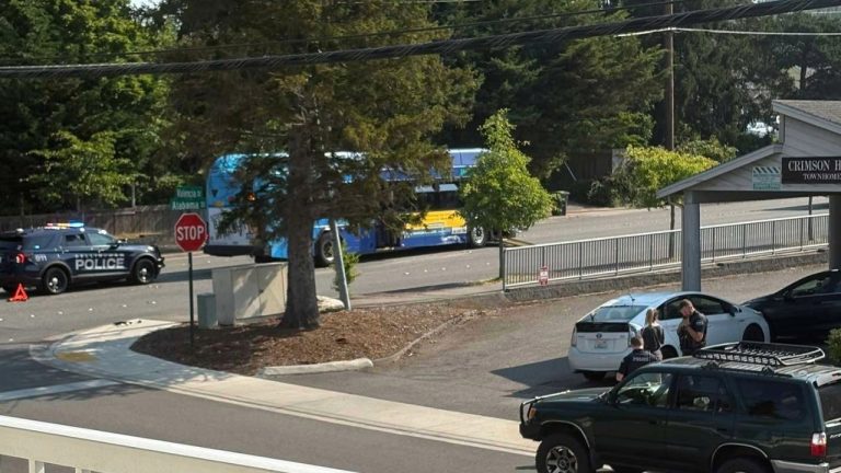 A driver ran a stop sign and struck a WTA bus Monday morning at Alabama and Valencia streets in Bellingham; no bus passengers were injured.
