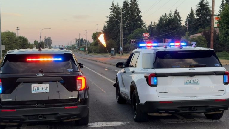 Washington State Patrol vehicles block state Route 161 while a flame burns during the response to a propane leak near 152nd Street East on July 21, 2026. Central Pierce Fire & Rescue responded, and the roadway later reopened.
