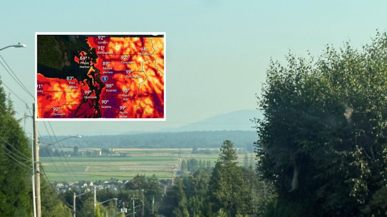 The National Weather Service forecasts temperatures reaching 91 degrees in Bellingham and 92 degrees in Lynden on Wednesday, July 22, as a heat advisory continues across the region.