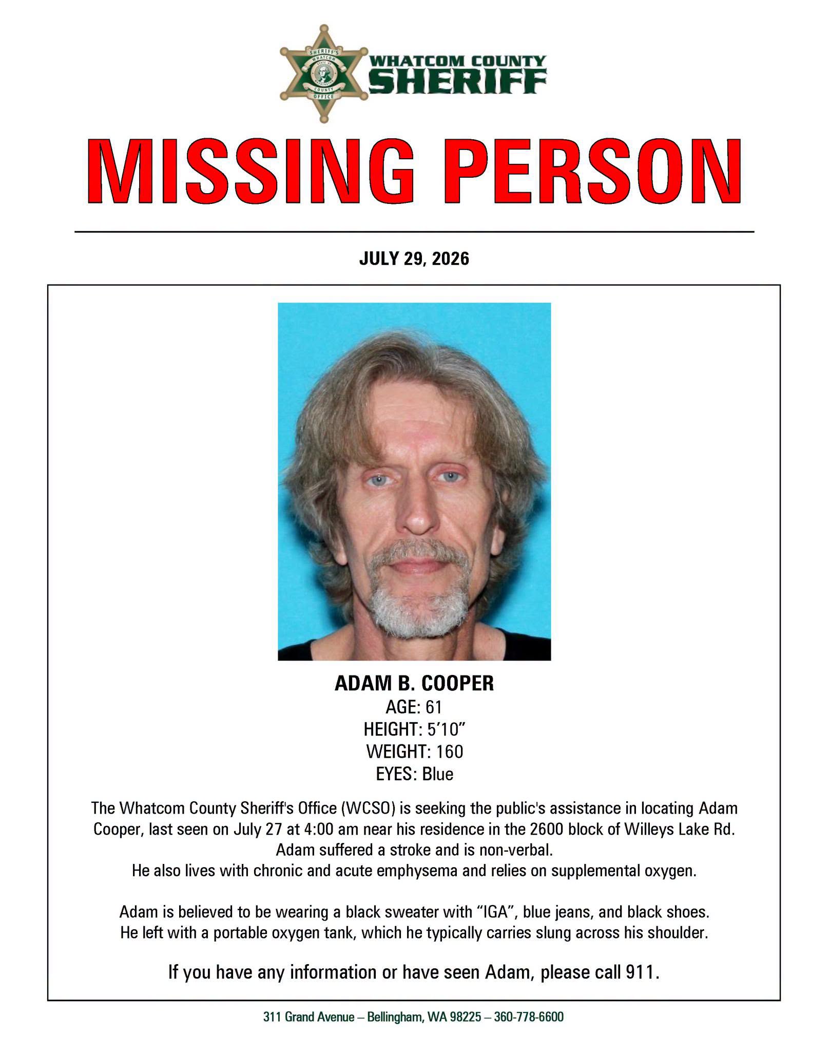 Missing person poster for Adam B. Cooper