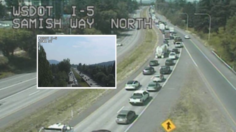 Northbound traffic backs up on Interstate 5 near Samish Way following a collision near North State Street on Tuesday, July 21. The crash blocked the right lane near milepost 254.