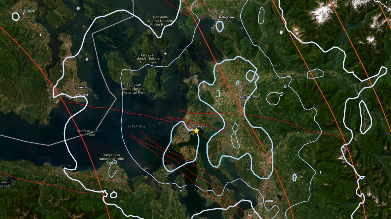 Epicenter of the magnitude 3.8 Oak Harbor earthquake, marked by the star, shown with nearby fault lines and Cascadia plate boundary indicators. Map: USGS