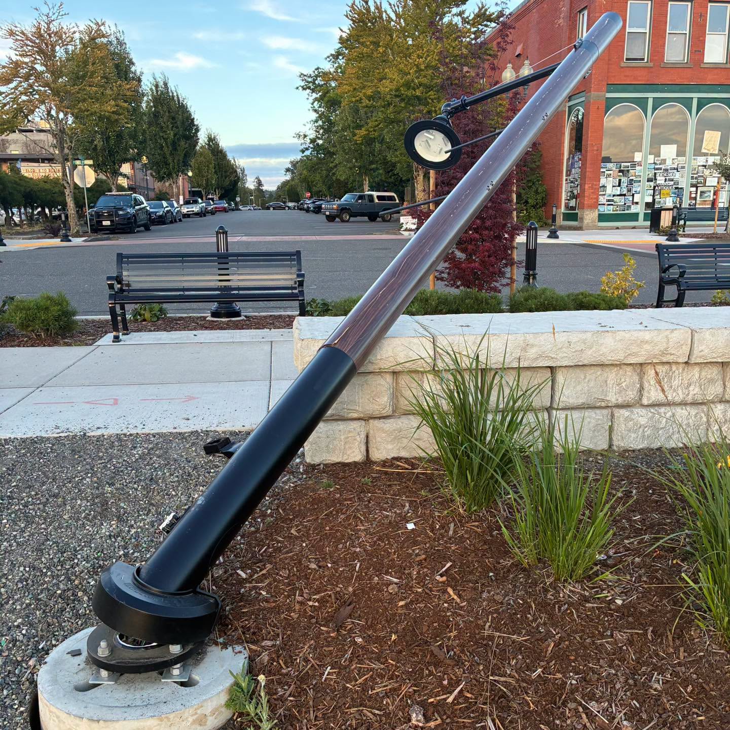 A new light pole knocked from its base along Peace Portal Drive in Blaine