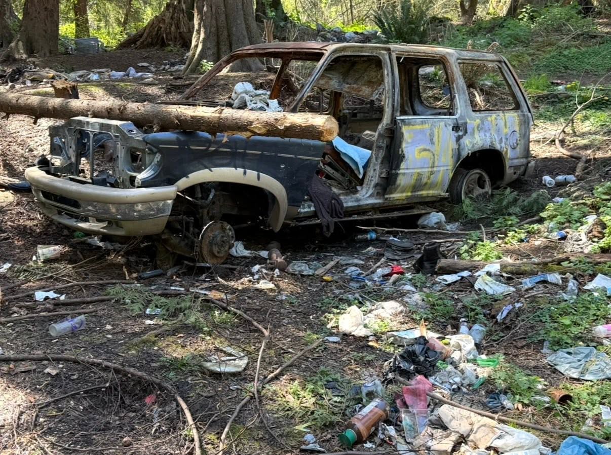 An abandoned, burned vehicle surrounded by scattered trash near the encampment