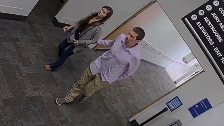 The Snohomish County Sheriff’s Office released this courthouse surveillance image while searching for the man in the purple shirt. Detectives believe they have identified the woman pictured with him.