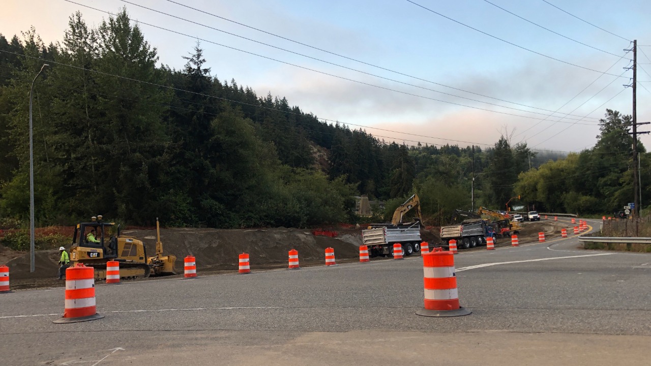 Crews work on the roadbed at the SR 20 and Campbell Lake Road intersection on Fidalgo Island