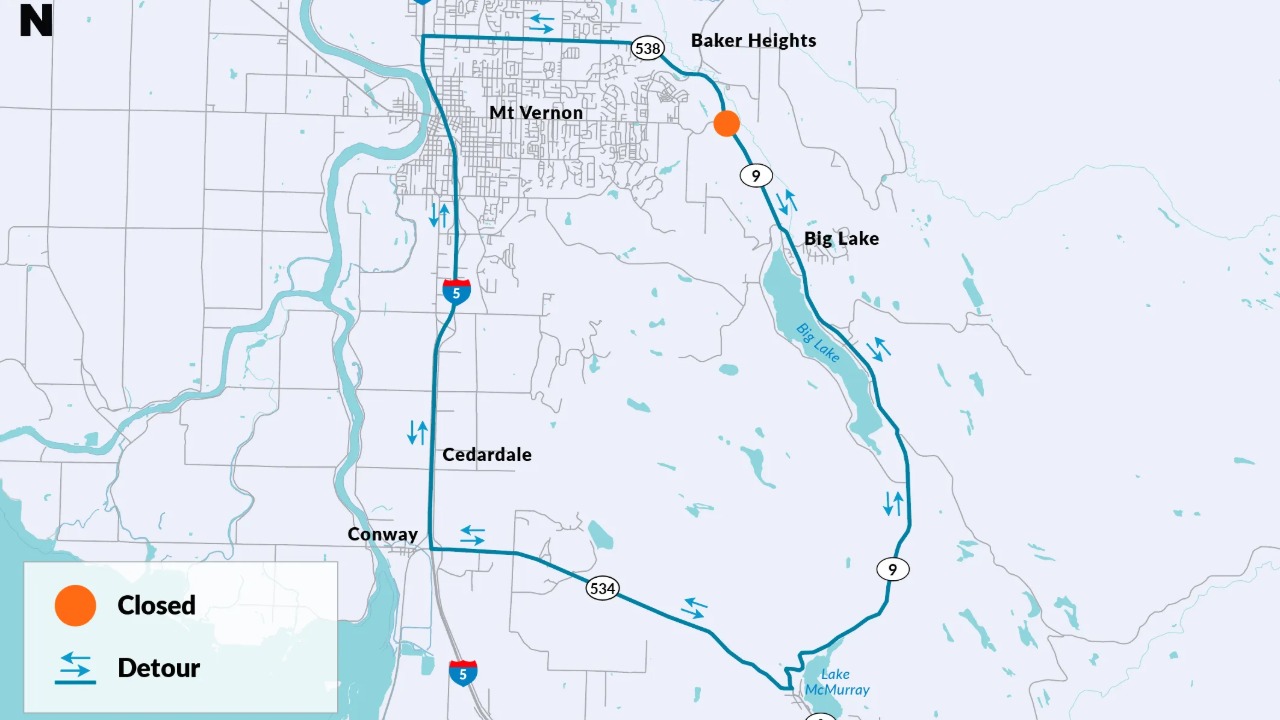 SR 9 near Mount Vernon closes for seven days starting Aug. 12 as WSDOT crews replace a fish barrier in a $5.7 million project.