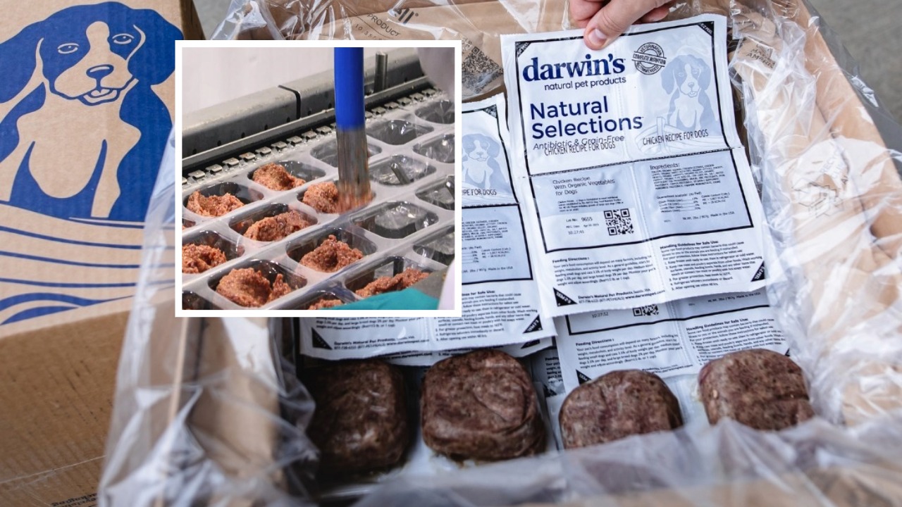 Packages of Darwin's raw dog food, shown alongside images of the company's Tukwila production line, are the subject of a new DOJ lawsuit alleging repeated bacterial contamination.