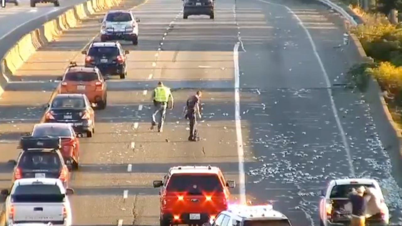 A truckload of soda cans spilled across northbound I-5 at Iowa Street in Bellingham. Crews cleared the road in about 45 minutes with no injuries.