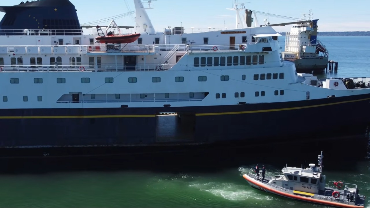 A Coast Guard patrol boat escorts the ferry during the Bellingham SWAT training exercise