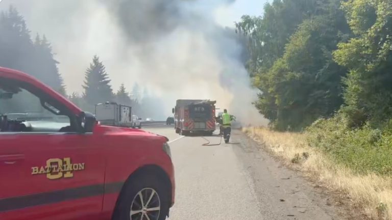 An abandoned vehicle burns along southbound Interstate 5 near Trosper Avenue in Tumwater. Troopers received reports that the car had been doing donuts on the highway before the fire.