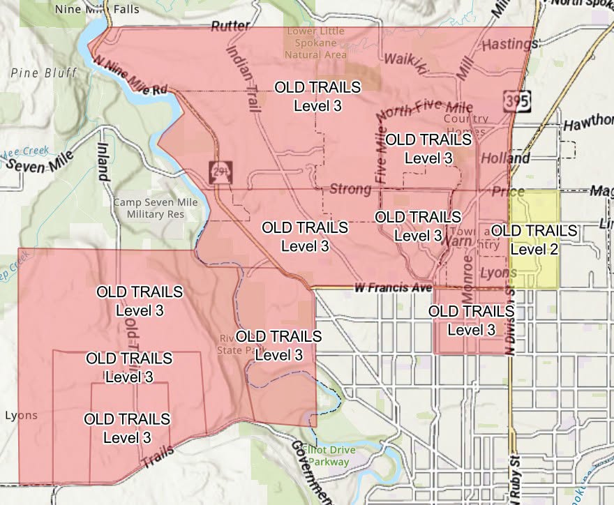 Map showing widespread Level 3 evacuation zones around the Old Trails Fire in northwest Spokane