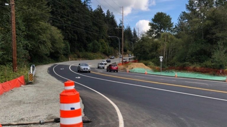 SR 20 has reopened to two lanes at Campbell Lake Road, but a temporary 40 mph speed limit remains as roundabout work continues.