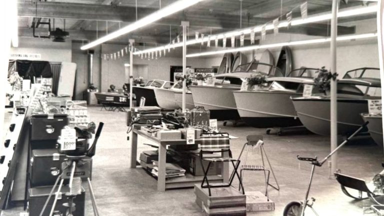 Yeager's Sporting Goods basement showroom floor in Bellingham, stocked with boats from an earlier era of the store's 105-year history.