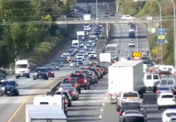 A three-car injury crash near Iowa Street blocked I-5 in Bellingham Friday, creating a backup of more than six miles during the afternoon commute.