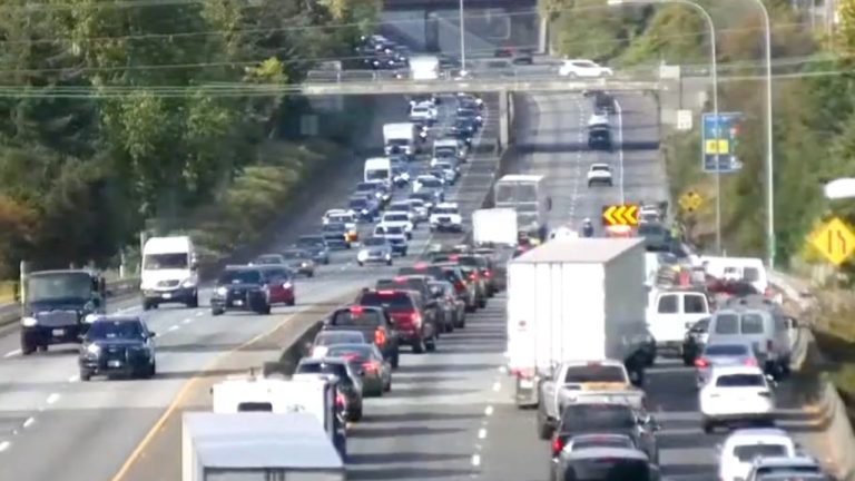 A three-car injury crash near Iowa Street blocked I-5 in Bellingham Friday, creating a backup of more than six miles during the afternoon commute.