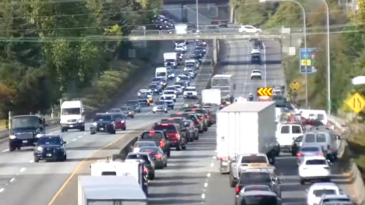A three-car injury crash near Iowa Street blocked I-5 in Bellingham Friday, creating a backup of more than six miles during the afternoon commute.