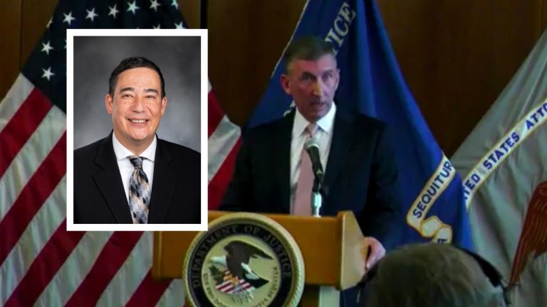 Secretary of State Steve Hobbs (inset) is disputing a federal voter list presented by Acting U.S. Attorney Neil Floyd (background) during an Oct. 26 press conference.