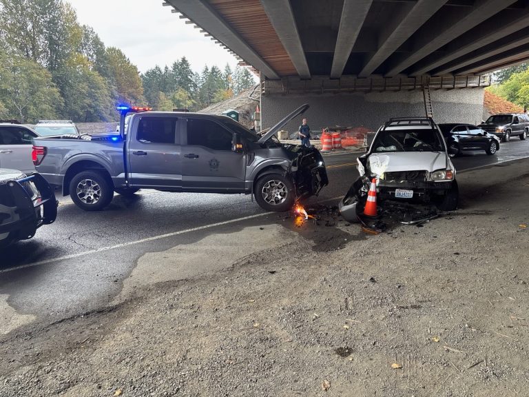 A Washington Department of Fish and Wildlife pickup and a white SUV sit with heavy front-end damage beneath an overpass at South 200th Street and 18th Avenue South in South King County.